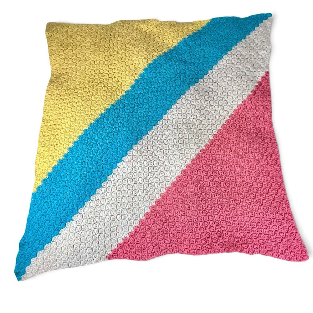 Handmade Diagonal Stripe Crochet Afghan 4ft Square Throw Blanket Cottagecore EUC